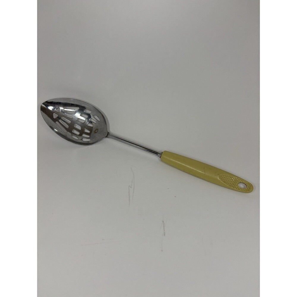Vtg Ekco Slotted Serving Spoon Chromium Plated Stainless Steel Beige Handle